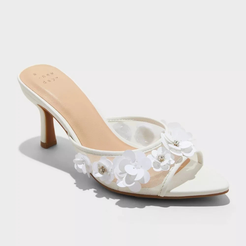 a new day White Floral Appliqué Mule Heels